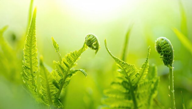 Green fern fiddleheads unfurling in bright spring sunlight