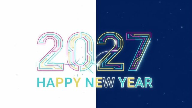 New year 2027 tech circuit board numbers animation with split screen background loop

