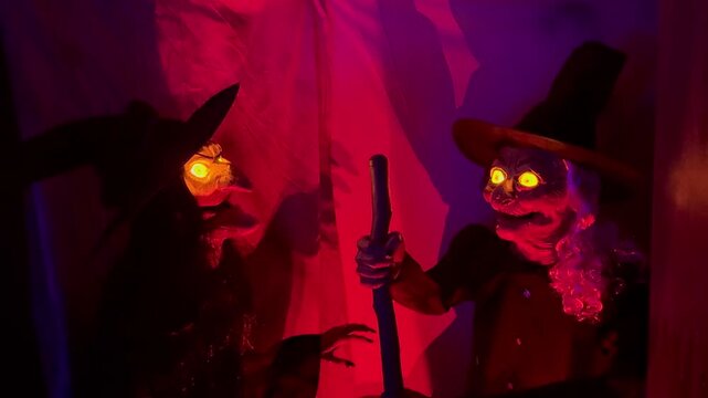 Two creepy animatronic witches stirring a magic potion in a cauldron and talking to each other in a dark haunted house with eerie red and purple lighting.