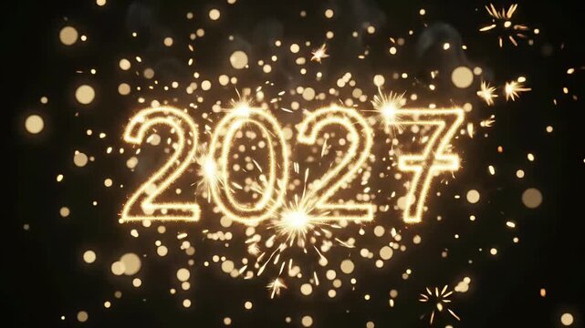2027 sparkling new year text with glowing fireworks and light sparks motion background
