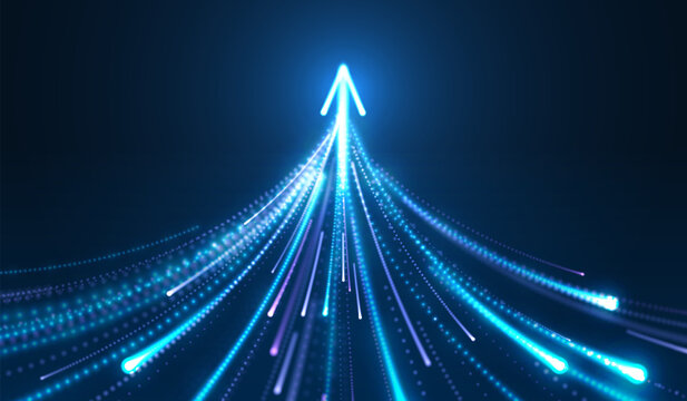 Abstract blue arrow up growth background. Success concept. Light particle trails, technology data, digital business finance. Violet energy, future direction design, presentation. Vector illustration.