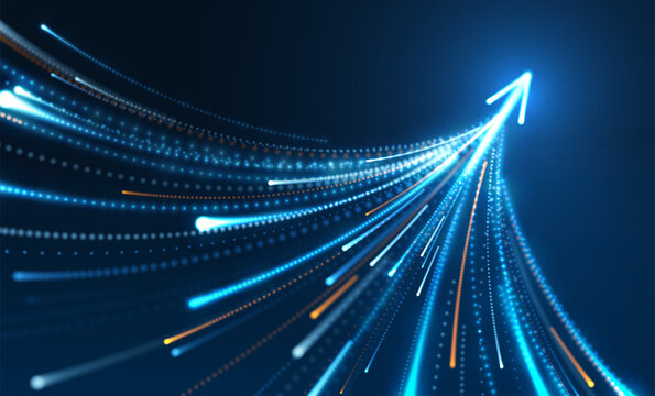 Abstract blue arrow growth background. Light particle trails, technology data concept. Digital business direction, finance progress, success. Futuristic design, presentation. Vector illustration.