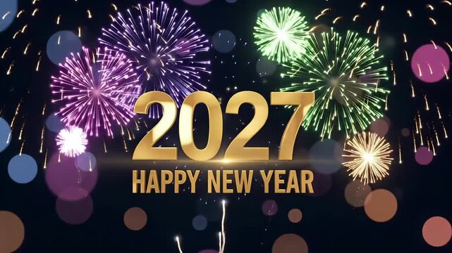2027 happy new year celebration gold text with glowing fireworks and bokeh motion background
