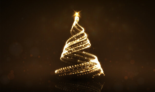 Gold Christmas tree background. Light spiral, sparkle, glitter, star shine. Magic holiday effect, new year celebration. Abstract xmas design for banner, greeting card, invitation. Vector illustration.