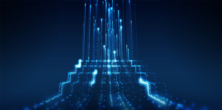 Abstract blue technology background. Digital light lines, data network, stairway growth. Futuristic city architecture, business finance concept. AI innovation design for banner. Vector illustration.