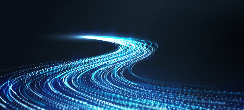 Abstract blue light road background. Neon speed streak, glowing trail, curve line, sparkle, fast motion energy. Futuristic digital data technology, network concept, wallpaper. Vector illustration.