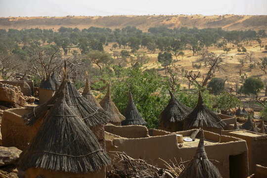 Thatched roofs of Dogon granaries overlooking the Seno plain and dunes, Mopti Region, Bandiagara, Mali