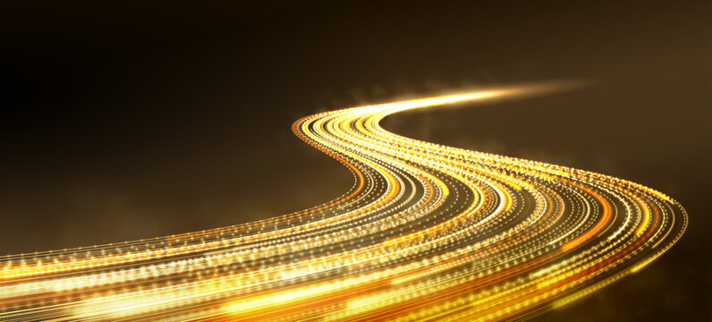Abstract gold light road background. Golden speed streak, glowing trail, curve line, sparkle glitter, fast motion energy. Futuristic digital technology concept, wallpaper. Vector illustration.