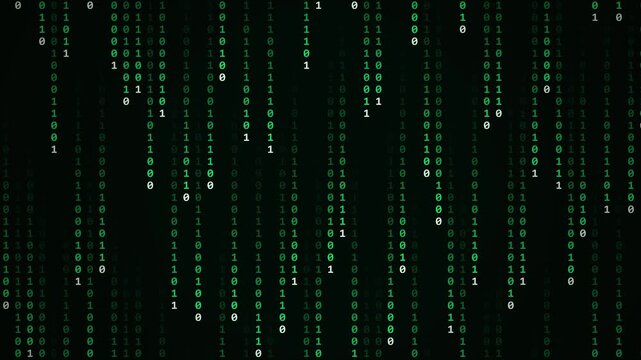 Binary code rain seamless loop on dark background, green digital matrix data stream for cyber security and hacker technology concepts