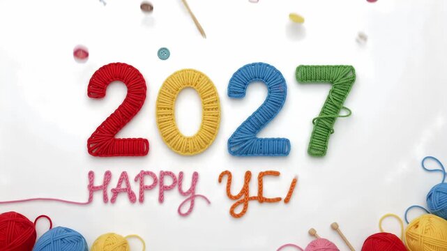 2027 yarn embroidered new year text with colorful woolen thread craft motion background
