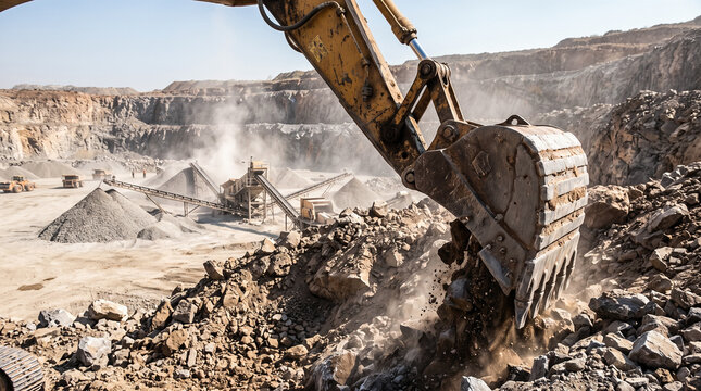 Massive yellow excavator bucket digging deep into rocky terrain throwing heavy dust across active commercial open pit mining quarry background