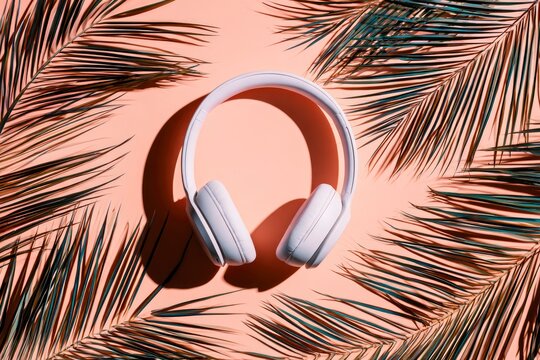 White wireless headphones framed by palm leaves on peach surface in sharp flat lay for summer travel and music lifestyle marketing