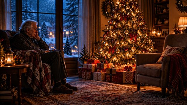 Lonely Senior Man Sitting Alone Beside Decorated Christmas Tree in Cozy Living Room on Snowy Winter Evening
