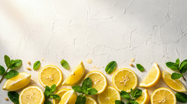 Fresh yellow lemon slices and green mint leaves forming lower border frame on white textured plaster surface offering ample copy space