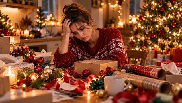 Stressed Young Woman Feeling Overwhelmed While Wrapping Christmas Gifts at Home Surrounded by Festive Holiday Decorations