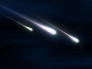 Meteors flashed brightly in the night sky. Shooting stars on a dark background. Three meteorites glow in the air. © Nazarii