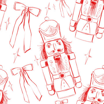Christmas nutcracker seamless pattern with bows and stars, red line art repeat illustration