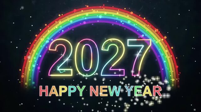 2027 neon rainbow new year text with glowing arch light motion graphic background
