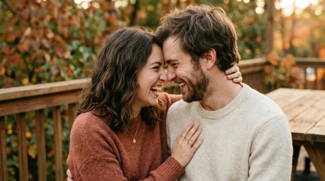 Young couple laughing with foreheads nearly touching, warm cinematic lifestyle photography, soft natural window or outdoor light, rust and cream clothing, realistic skin and hair, shallow depth of