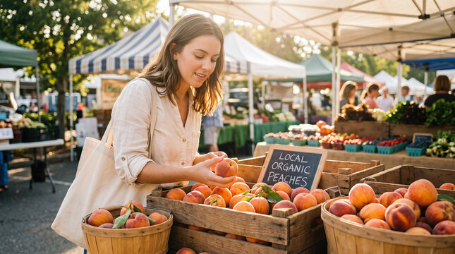 Happy young woman choosing fresh organic peaches from rustic wooden crate box at sunny outdoor community farmers market fruit grocery stall