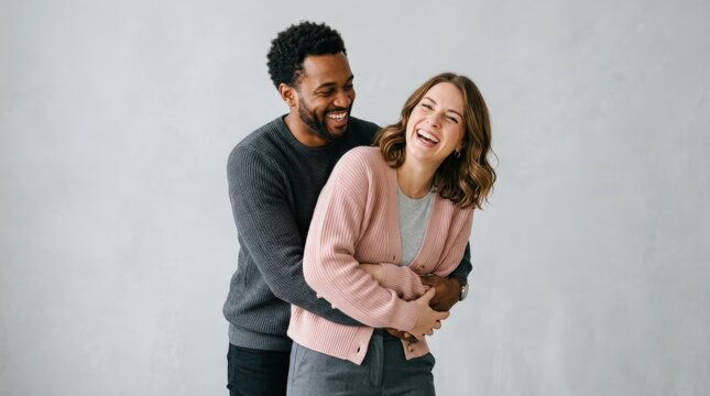 Joyful interracial couple embracing and laughing in coordinated pink and charcoal clothing, premium studio lifestyle photography, pale gray backdrop, soft flattering light, authentic expressions,