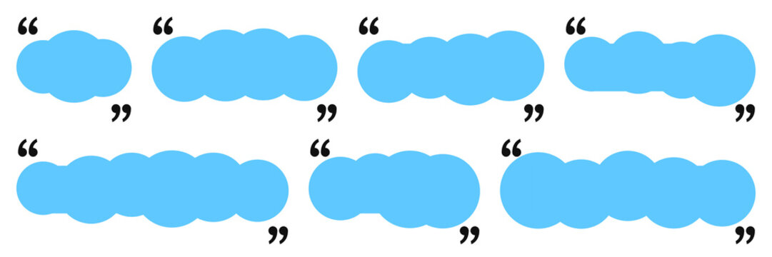 Minimalist blue cloud speech bubbles, set of 7 decorative quote frames with quotation marks, creative text box elements for graphic design