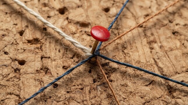 Red pushpin holding multicolored strings on a corkboard