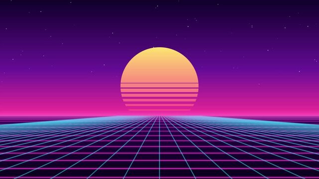 Synthwave neon grid seamless loop with retro sun and moving perspective floor, 80s outrun style VJ background 4K