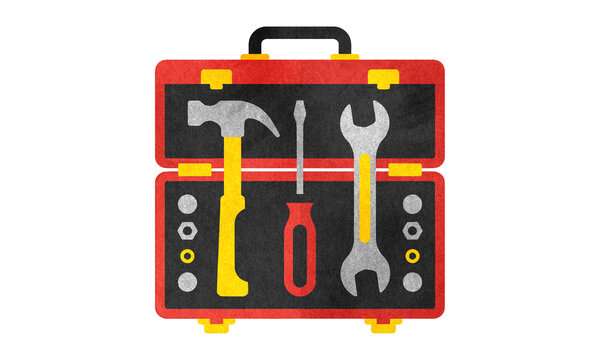 Red toolbox with hand tools, open tool kit with hammer and wrench, professional equipment for home repair and construction maintenance isolated on Transparent Background