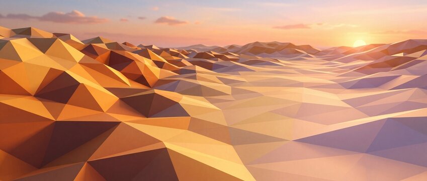 Low poly landscape with mountains and sunset background, abstract 3D digital art generation