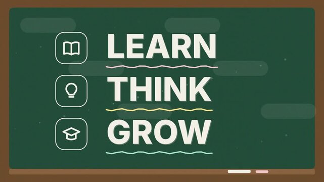 Chalkboard education kinetic typography animation with learn think grow chalk words, book, lightbulb and graduation cap icons for school and learning