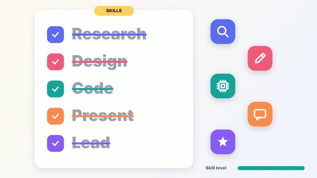 Skills checklist kinetic animation with checkmarks, skill level progress bar and research design code present lead words for career training and learning