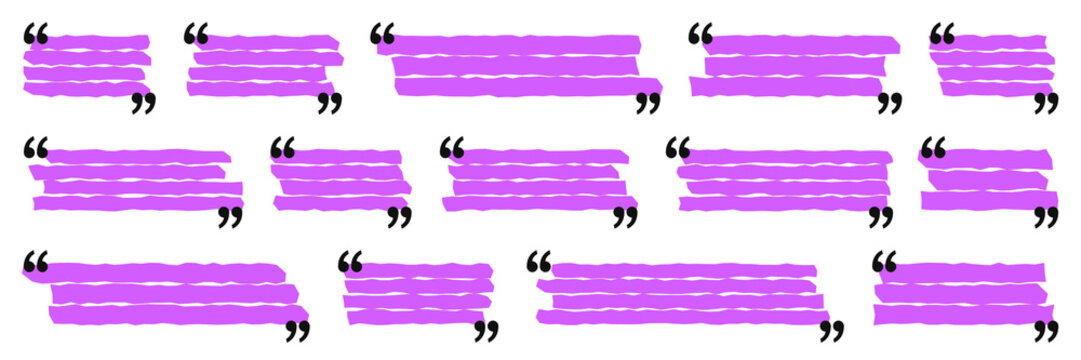 Purple highlighter marker strokes with quotation marks, hand drawn violet scribbles for text placeholders, set of 13 quote box elements on white background