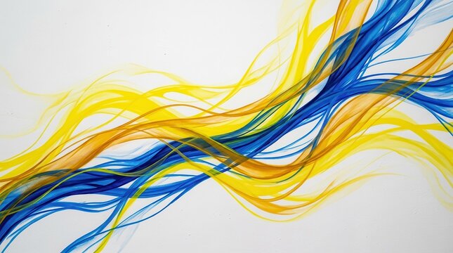Abstract blue and yellow flowing waves on white background