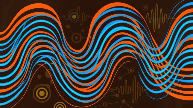 Curving parallel lines in bright orange and electric blue crossing a dark brown field, geometric op-art illustration, rhythmic wave motion, retro 1970s palette, music, data flow and abstract design