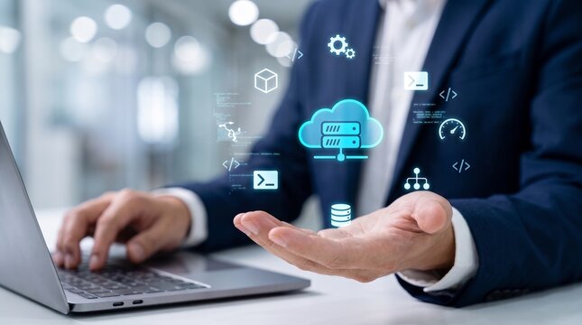 cloud computing infrastructure and server virtualization platform. automated deployment pipelines and microservices architecture. engineer monitoring scalable cloud systems on laptop.

