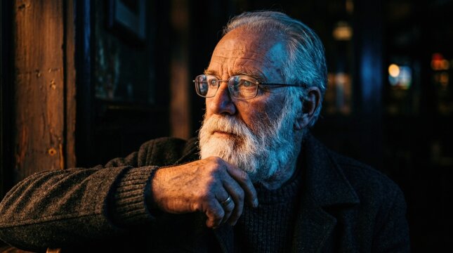 Older man with white beard and glasses lit by cool blue and warm amber light, dramatic cinematic portrait photography, dark background, textured skin, thoughtful gaze, high-contrast editorial