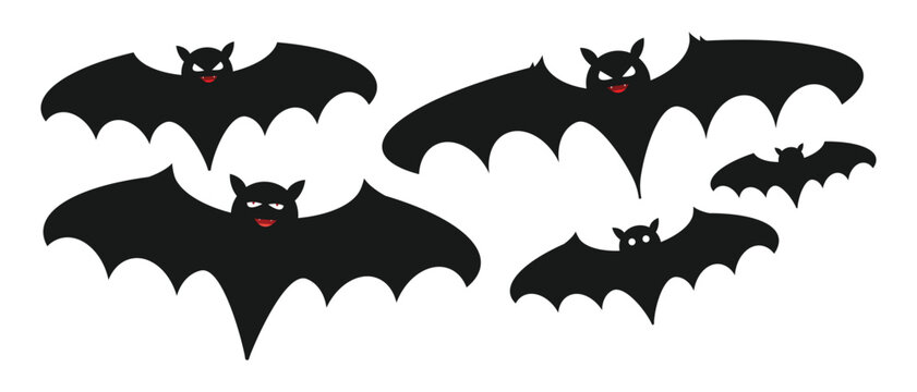 Spooky Flying Bats Silhouette Set Isolated on White Background