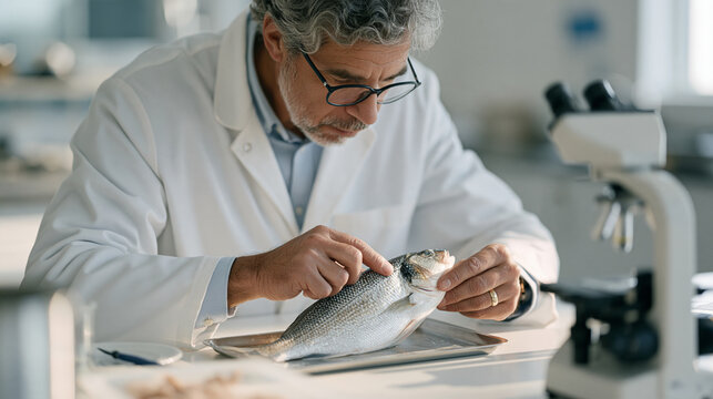 Aquatic veterinary specialist examining fish gill health in a recirculating aquaculture facility, fish disease diagnostics, sustainable aquaculture, aquatic animal health, food