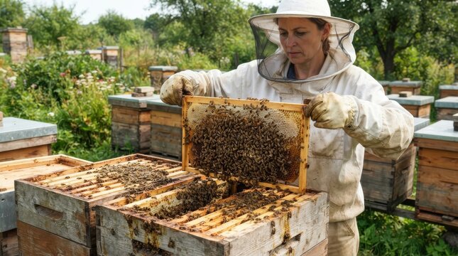 Female beekeeper holding honeycomb frame at apiary