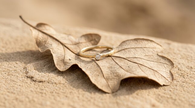 Delicate silver or gold ring displayed on a dried textured leaf over a warm sand-colored surface, minimalist jewelry product photography, soft beige monochrome palette, directional sunlight, organic