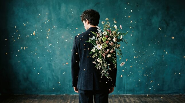 Man viewed from behind with delicate flowers seemingly growing from his shoulder, surreal fashion editorial, dark jacket, teal background, golden botanical particles and poetic nature-human fusion