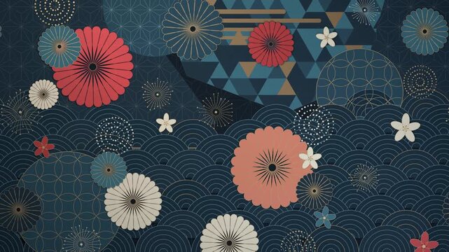 墨紺と朱の菊や青海波などの和風文様が左から右へ流れるループ動画。和風イベントや店舗広告に映える装飾のシネマティック素材