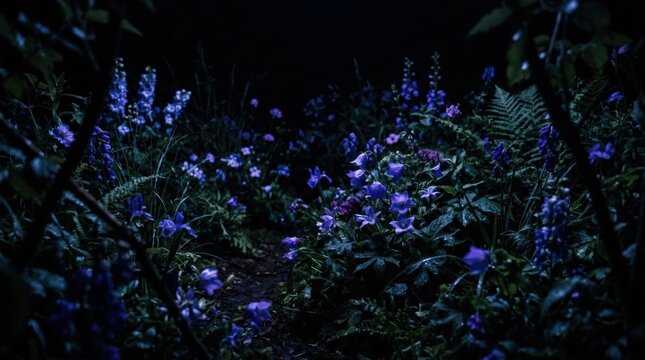 Dark night garden with scattered flowers softly illuminated in deep blue and violet, moody botanical photography, black background, cinematic low light and mysterious floral atmosphere.