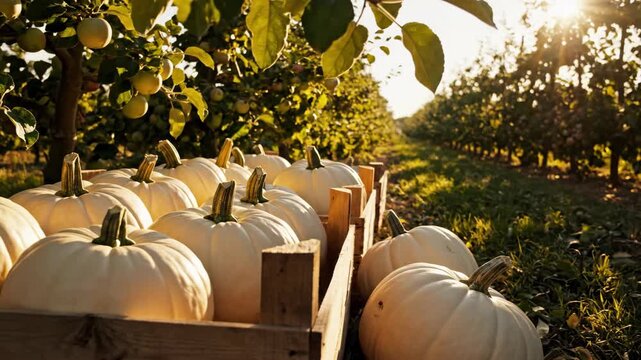 Cream white pumpkins packed into rough timber crates sit beneath a fruit laden orchard canopy, where low autumn sunshine filters through leaves and casts glowing streaks across the grassy farm lane