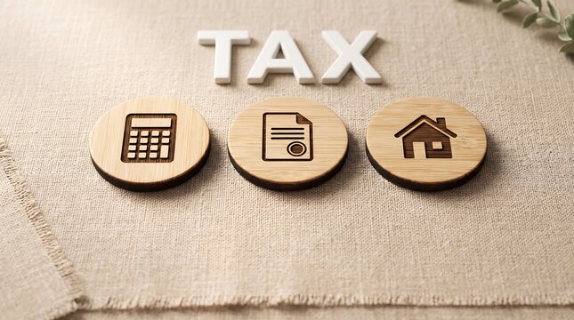 Tax word with wooden calculator, document and house icons on beige linen fabric, property tax and real estate concept