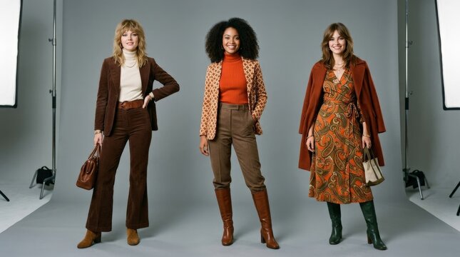 Three retro-styled fashion models posing against a seamless gray studio background in burnt orange, brown and patterned outfits, commercial fashion campaign photography, full-length composition, clean
