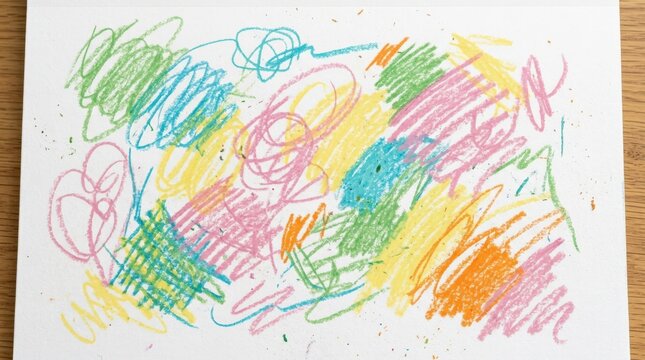 Pastel crayon scribble abstract filled with loose green, blue, yellow, pink and orange strokes, hand-drawn illustration on white, energetic childlike texture, creativity and art-therapy concept,