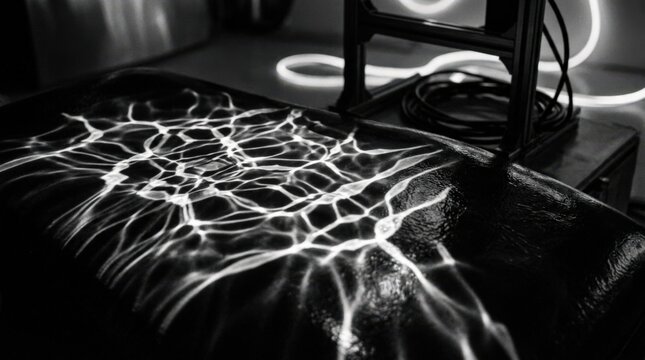 Abstract black-and-white caustic light pattern resembling rippling water projected across a dark surface, experimental photography, high contrast, glossy organic shapes, futuristic technology and