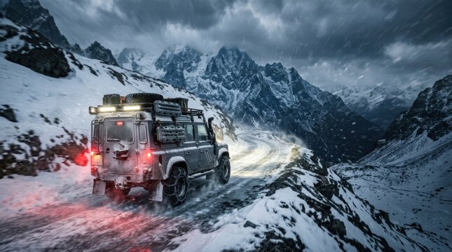 Vehicle crossing an icy mountain road in blowing snow, dramatic automotive photography, blue-gray peaks, red lights, expedition, winter travel and rugged mobility concept.